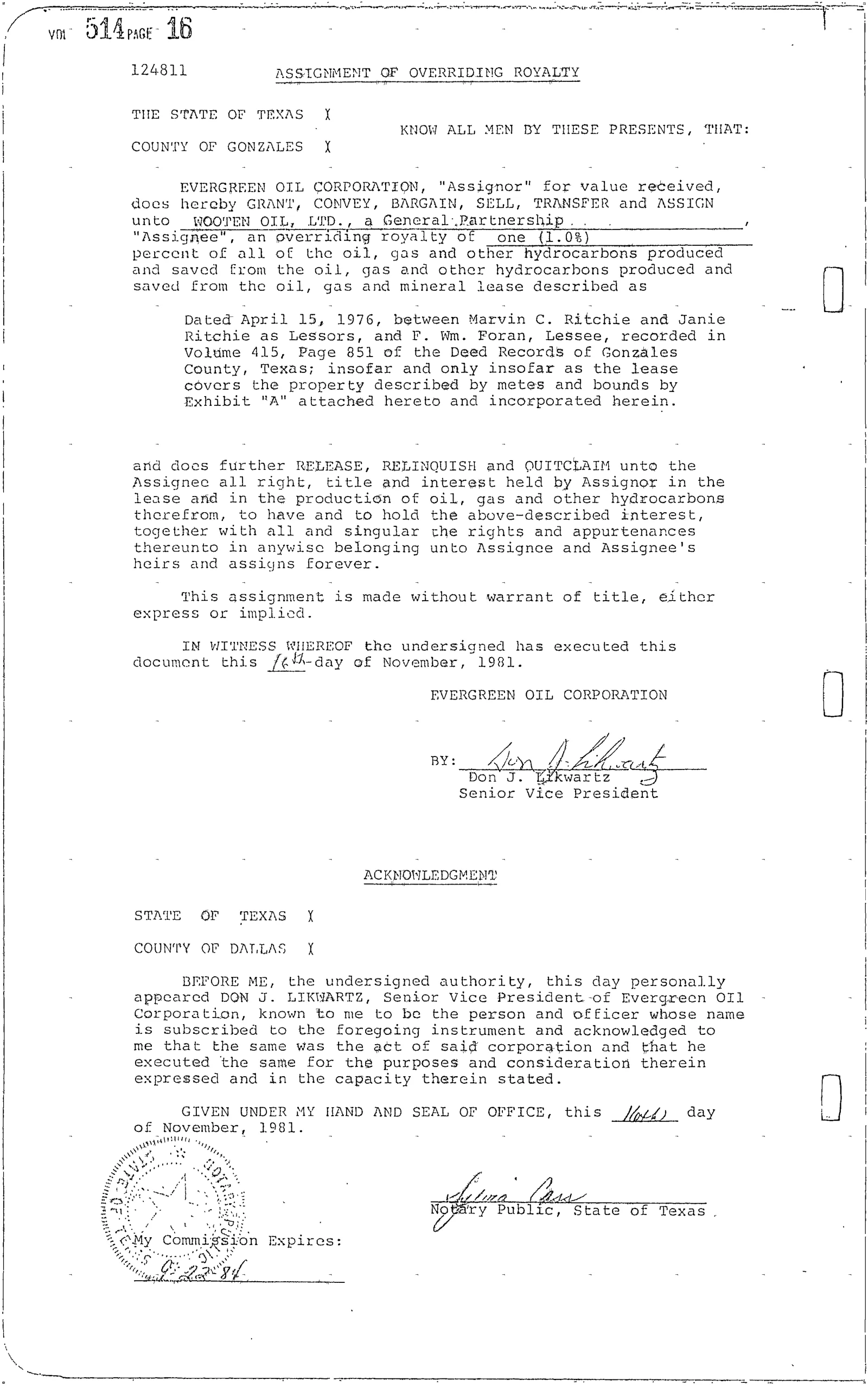 Evergreen Oil Corp. - Recorded Assignment Overriding Royalty (Vol. 514, Page 16)
