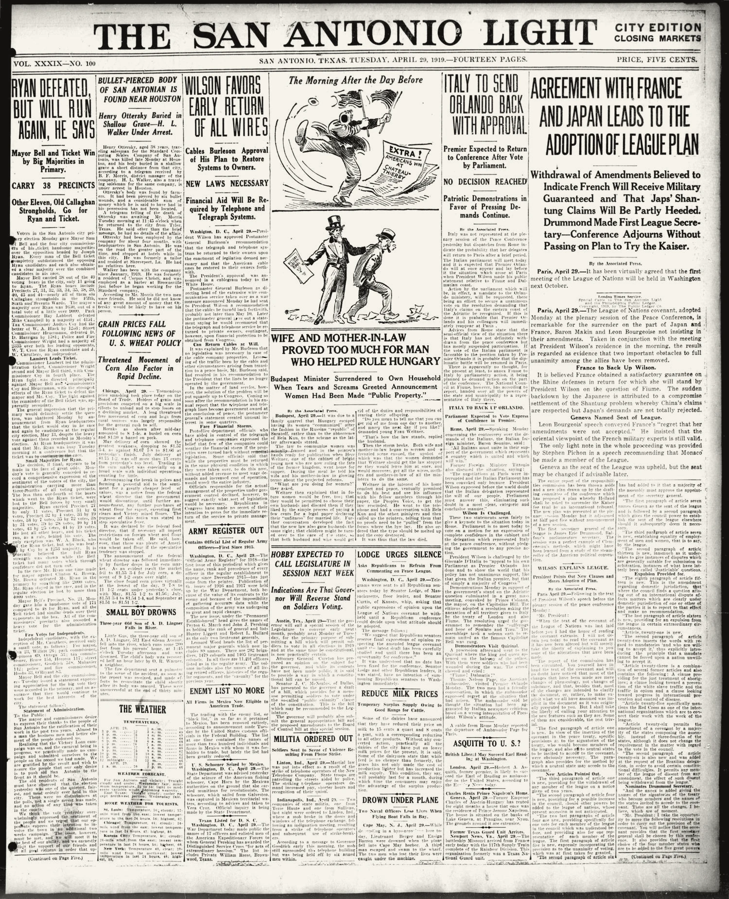 The San Antonio Light (San Antonio, Tex.), Vol. 39, No. 100, Ed. 1 Tuesday, April 29, 1919