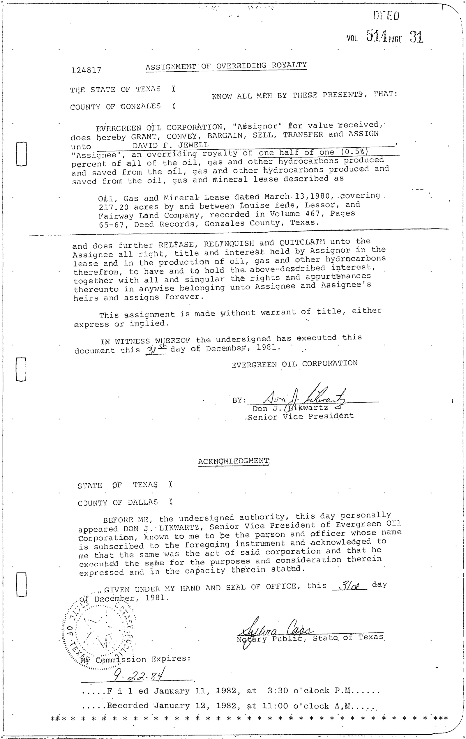 Evergreen Oil Corp. - Recorded Assignment Overriding Royalty (Vol. 514, Page 31)